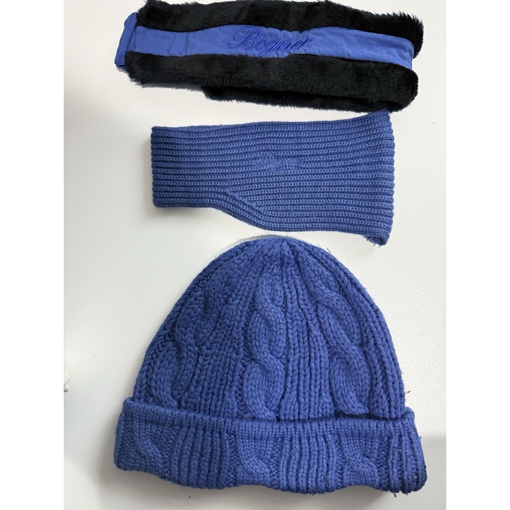 3 PIECE SET BLUE BOGNER WOMENS SKI HEAD BANDS & HAT FUR NYLON KNIT W